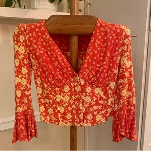 Free People Orange Ditsy Floral Bell Sleeve Crop Top Small
